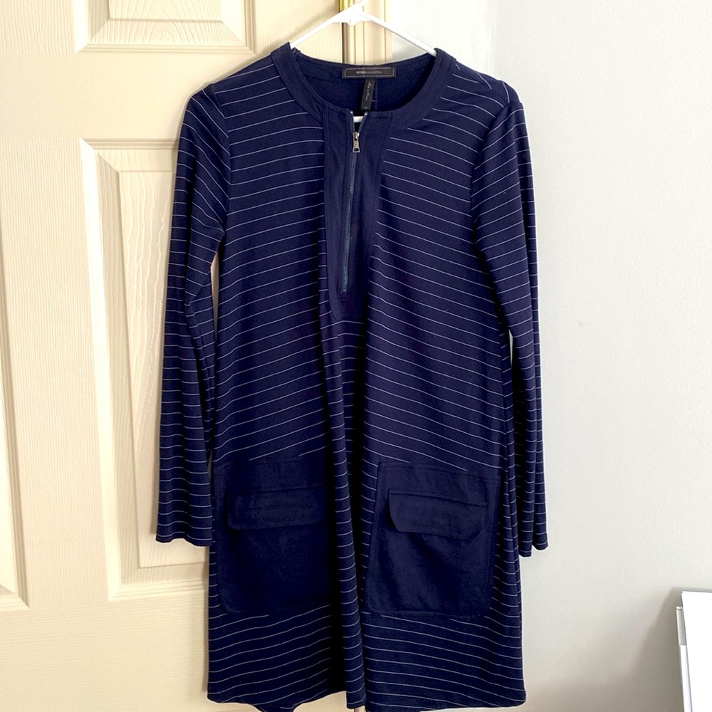 Dark blue striped casual winter/fall dress. Ideal for work or casual wear.